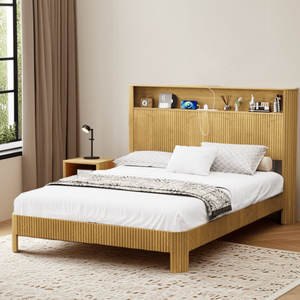 Struttura letto in legno extra lunga (Full XL) con testiera contenitore e stazione di ricarica, design a linee curve ondulate, apertura silenziosa - Product Image 3