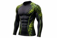 Rash Guard Pria Lengan Panjang O-Neck Custom Print Motif Geometris Oranye Hitam di Bagian Depan, Bahan Spandex Bernapas, Anti-UV, Cepat Kering