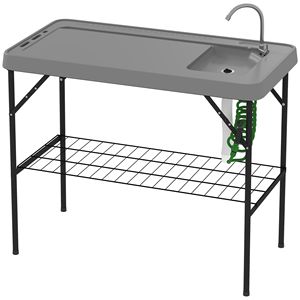 Tavolo Pieghevole Portatile Quadrato in Plastica per Pulizia Pesci con Lavello, Rubinetto, Tubo di Scarico, Spruzzatore e Ripiano (Grigio) - Product Image 1