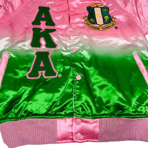 AKA Ombré Bomber <b>Jacket</b> <b>Pink</b> Green Satin Gradient Varsity Style Unisex Fashion Outerwear <b>Jacket</b> Apparel Collection - Product Image 3