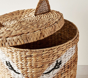 Creative Design Round Handwoven Water Hyacinth Storage Basket With Fox Face Design For <b>Kids</b> Bedroom Organizing Wholesale - Product Image 2