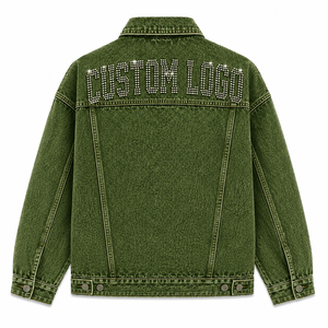 Veste en jean vert olive personnalisée avec logo en strass, veste de mode personnalisée - Product Image 2