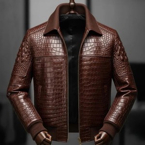 <b>Men's</b> Brown Embossed <b>for</b> Leather Windproof <b>Smart</b> Casual <b>Jacket</b> Moto Biker Style Turn-down Collar Zipper Closure Slim Fit - Product Image 5