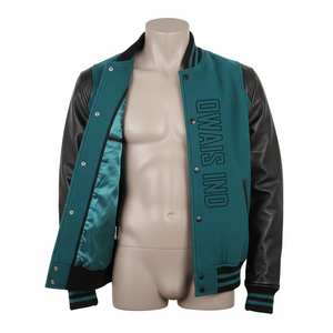 Chaqueta Varsity Teal para Hombre con Mangas de Cuero PU, Bordado Z 88 Night Run Owais, Logotipo Frontal Ind, Estilo Casual de Otoño - Product Image 3