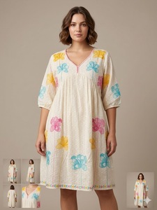 Vestido Midi Boho con Estampado Floral, Cuello en V, Manga Tres Cuartos, Corte Holgado, 100% Algodón Tejido Transpirable, Bordado a Mano, Casual de Primavera - Product Image 3