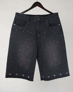 Short en jean baggy tendance de haute qualité, personnalisé, à double genouillère, effet vieilli, délavé à l'acide, orné de strass, 100% coton, imprimé mi-longueur - Product Image 4