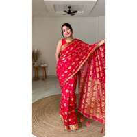 Peluncuran Baru STYLE DE MAISON Saree/Sari India/Pakistan untuk Wanita Dewasa Pakaian Pesta Tradisional Sutra Merah Anti Kusut Panjang Menyentuh Lantai