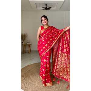 Nouveau lancement de sari indien pour femmes adultes, style traditionnel, sari en soie rouge pour les occasions de mariage - Product Image 6
