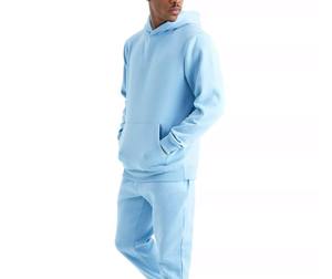 Survêtement à capuche bleu clair pour homme, manches longues, couleur unie, décontracté, avec poches latérales, coupe régulière, coton mi-lourd, automne - Product Image 3
