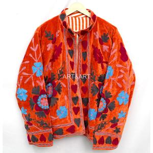 Chaqueta de Mujer de Algodón y Terciopelo con Bordado Floral Naranja, Cuello Redondo, Manga Larga, Ecológica, de Secado Rápido, Estilo Prairie Chic - Product Image 4