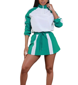 Color Blocked Sports Wear <b>Set</b> Green <b>White</b> Full Sleeve Hooded Top With Drawstring Shorts Breathable Spring Summer Style - Product Image 4