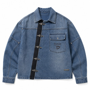 Chaqueta de Mezclilla Ligera Color Índigo Deslavado, Estilo Urbano Hip Hop, con Hebillas Metálicas de Nudo - Product Image 3