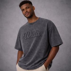 Camiseta de algodón de punto estampada de alta calidad para hombre, cuello redondo, holgada, con apliques bordados, lavada, estilo boxy, desgastada, tallas grandes - Product Image 6