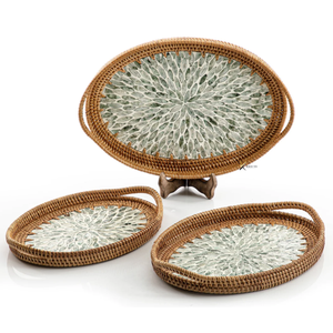 Exclusive Quality Customized <b>Round</b> <b>Table</b> Top Rattan Jute <b>Tray</b> Latest Design MOP Work Pearl Food Serving Platter Attractive Price - Product Image 1