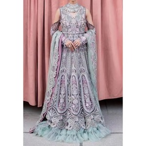 Premium Pakistani Bridle Dress Lavender Purple And Mint Green Contrast Heavy Embroidered Bridal Lehnga With Ruffled Border - Product Image 3