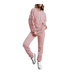 Women <b>Pink</b> Hooded Tracksuit Full Sleeve Solid Color Casual <b>Sweatshirt</b> Pants Set With Side Pockets Drawstring Closure Tracksuits - Product Image 1