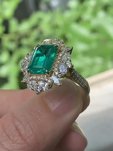 Luxury Emerald Cut Green Emerald <b>Ring</b> with Diamond Halo Vintage Art Deco <b>Gold</b> <b>Ring</b> 14K <b>Gold</b> Statement <b>Cocktail</b> Gemstone <b>Ring</b> - Product Image 3