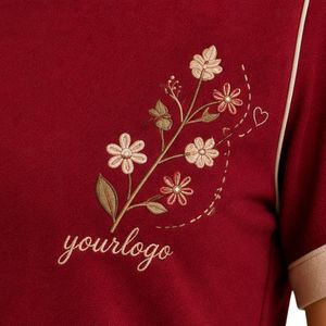 Camiseta de Manga Corta con Cuello en V para Mujer, Color Rojo Beige, Bordado Floral, Ribete en Contraste, Logotipo Personalizado, Detalle de Botones, Ropa Casual al por Mayor - Product Image 6