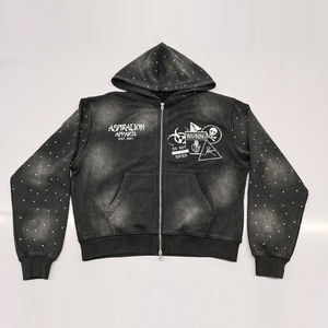 Sweat à capuche zippé court en molleton de coton pour homme, personnalisable, délavé à l'acide, avec broderie, appliqué, patch et strass - Product Image 1