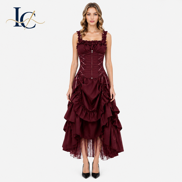 Vintage Dark Green Women's Corset Dress Square Neck Ruffle Tiered High Low Skirt Gothic Victorian Party Costume Modern Fit