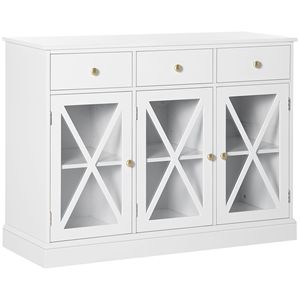 Credenza Buffet Bianca Stile Rustico con 3 Cassetti, Maniglie Bronzo, Mobile Bar Caffè, Anta Scorrevole in Vetro con Chiusura Magnetica, per Sala da Pranzo Villa - Product Image 1