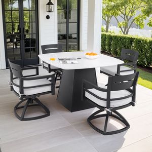 Set da pranzo da esterno a 5 pezzi con piedistallo, tavolo quadrato arrotondato Sunbrella C da 44 pollici in pietra sinterizzata con base svasata, 4 sedie da giardino - Product Image 1