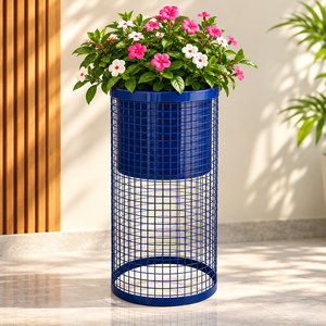 <b>Tall</b> Navy Blue Metal Wire Mesh Planter with Decorative Cylindrical Stand for Indoor Outdoor <b>Plants</b> Garden Patio Balcony Terrace - Product Image 1