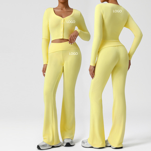 Conjunto de Yoga y Pilates para Mujer con Logotipo Personalizado OEM, Top Corto con Cuello en V, Leggings Ajustados con Cintura Plegable, 2 Piezas, Traje de Gimnasio, Ropa Deportiva - Product Image 3