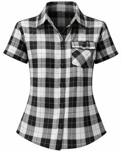 Camisa a cuadros negra y blanca personalizada para mujer, de manga corta, con botones, informal, ligera, transpirable, con bolsillo. - Product Image 2