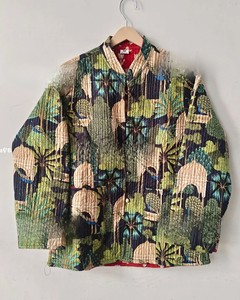 Premium Handcrafted Indian Mughal Forest Print Quilted Knitted Breathable Cotton <b>Jacket</b> V Neck <b>Lightweight</b> Full Sleeve Open - Product Image 6
