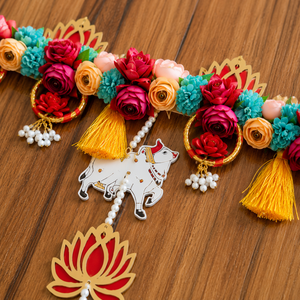 handmade Floral Door Toran with Cow Charms Lotus Hangings Yellow Tassels and Multicolor Flowers for Festival <b>Home</b> Decor Uses - Product Image 4