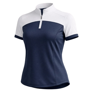 Camiseta deportiva beige para mujer, con cuello alto, manga corta, cremallera, corte ajustado, que absorbe la humedad, de poliéster, para verano. - Product Image 1