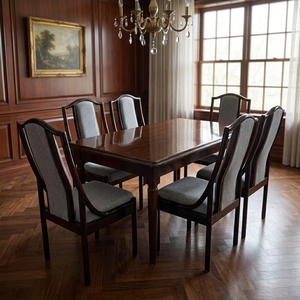 Ensemble de table à manger en teck massif avec 6 chaises à dossier haut rembourrées, en acajou foncé, rectangulaire, classique, suite de salle à manger formelle - Product Image 3