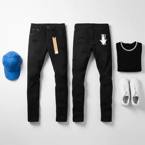 Jean en denim noir déchiré pour homme, coupe slim, poids moyen, haute qualité, style streetwear, durable, effet usé - Product Image 1