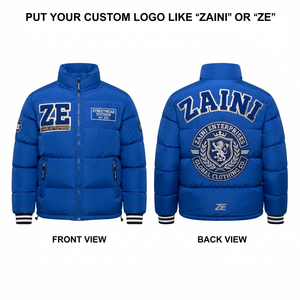 Premium 300 GSM Polyester Puffer Jacket Blue <b>Quilted</b> Panels Custom Embroidered Logo Streetwear Coat - Product Image 1