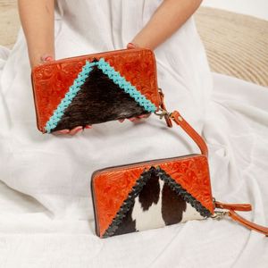 Designer Floral Design Cow HideLeather Woven <b>Wallet</b> Women HandTooled Clutch Purse Western Zipper Long <b>Wallet</b> Set Of 2 Pieces - Product Image 3