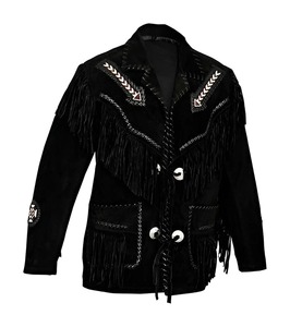 Chaqueta de Cuero de Gamuza Vintage para Hombre con Detalles de Cuentas Trenzadas Estilo Vaquero Occidental - Product Image 1