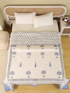 Bohemian Printed Cotton <b>Quilt</b> Handmade Blue Palm Pattern All-Season Home Decor <b>Bedding</b> Set - Product Image 4
