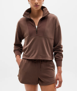 OEM 2 Piece Loungewear Regular Fit Half <b>Zip</b> Sweatshirt and Shorts Soft Fleece Tracksuit Activewear Streetwear Vintage Jogger Set - Product Image 3