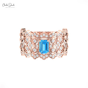 Anillo Art Deco con Topacio Azul Suizo y Diamantes Genuinos de 6x4mm, con Oro Sólido de 14k, Anillo Clásico de Chordia Jewels - Product Image 2
