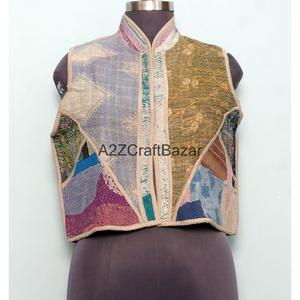 100% Cotton <b>Kantha</b> Quilted Vest for Women Handmade Floral Pattern Patchwork Logo Design Covered Buttons for winters - Product Image 5