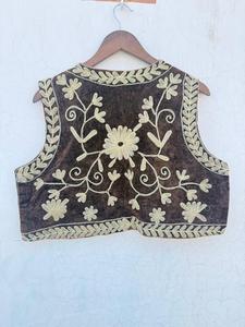 Bohemian Brown Velvet Cotton Suzani Embroidery Vest Coat Bohemian Ethnic <b>Waistcoat</b> Handmade Textile Art Wholesale Apparel Jacket - Product Image 5