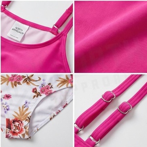 Ensemble bikini floral taille haute pour femme avec haut court à volants rose et bas imprimé - Product Image 4