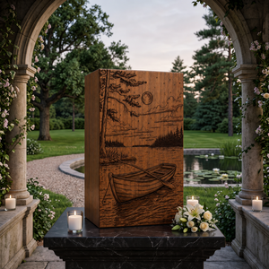 Wooden <b>Memorial</b> Urn Engraved Cremation <b>Keepsake</b> <b>Box</b> Boat Lake Landscape Funeral Tribute Decor - Product Image 5