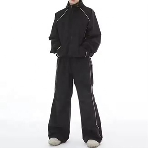 Ensemble de survêtement unisexe noir avec fermeture éclair intégrale, coupe décontractée coupe-vent, couleur unie, en polyester, pour l'hiver - Product Image 3