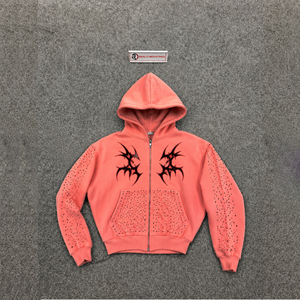 Heavyweight Coral Pink Oversized Zip Up Hoodie Gothic Tribal With Punk Inspired Apparel Alternative Streetwear Artistic Tribal - Product Image 5
