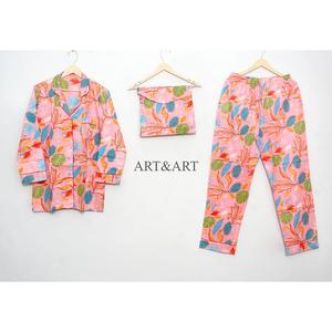 Pijama de algodón auténtico indio estampado a mano, talla grande, suave, conjunto de pijama a juego, cómodo, vibrante, con estampado floral, en varios colores. - Product Image 5