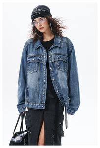 New Fashion Retro Wash Windproof 100% Cotton Winter Women's Loose Zipper <b>Denim</b> <b>Jacket</b> - Product Image 6