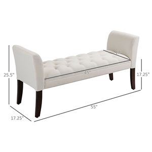 Panca da camera da letto con gambe in legno massello, imbottita in bianco crema, senza braccioli, con bottoni, per l'estremità del letto - Product Image 3