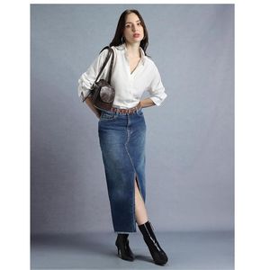 Jupe en jean pour femme, jupe midi avec fente avant, jupe longue droite pour femme - Product Image 3